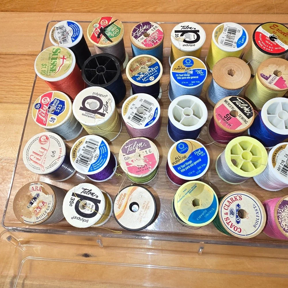 Vintage Sewing Thread Lot Wooden Plastic Spools Coats Clark Talon Lily 2 Cases